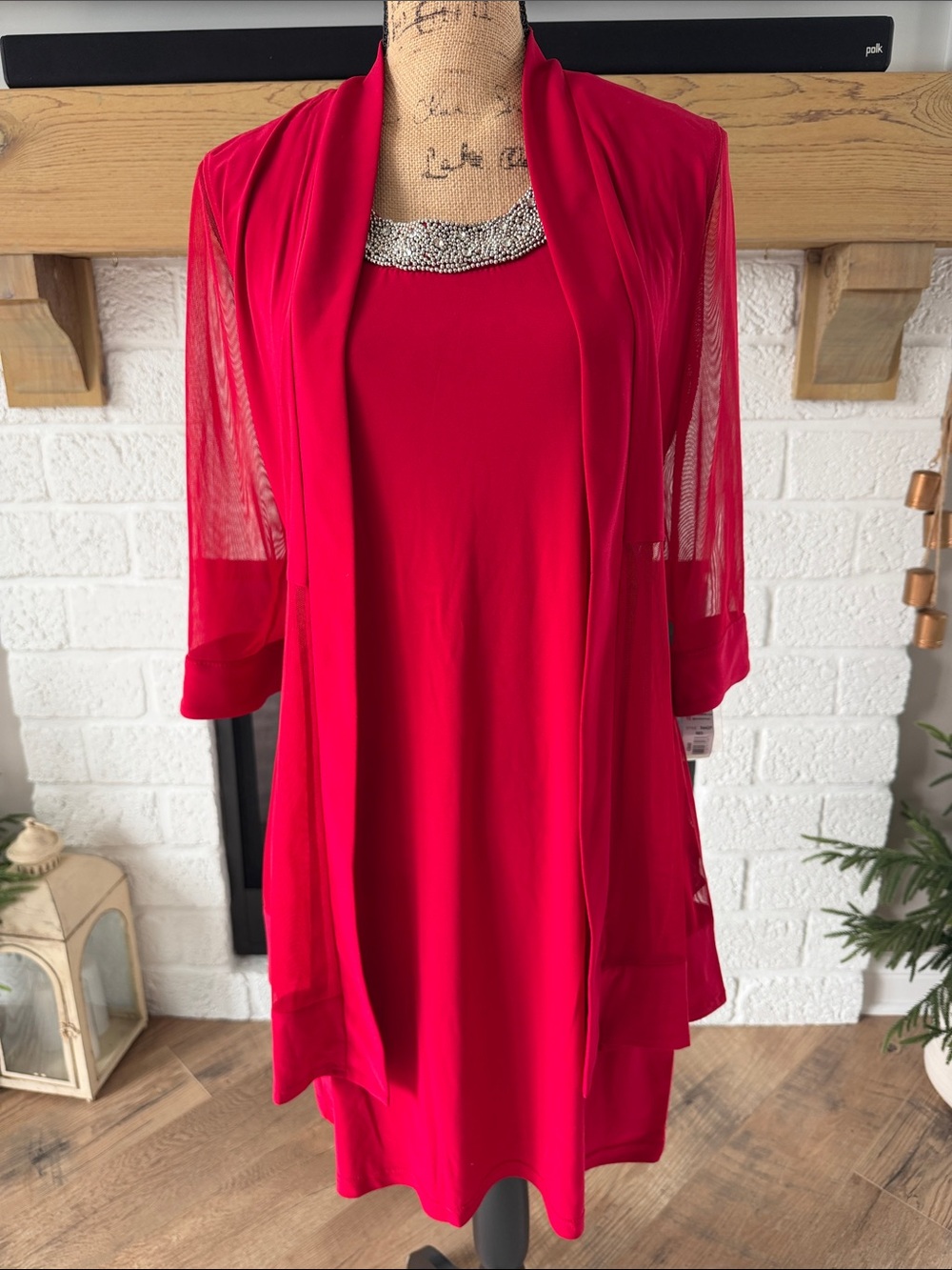 R&M Richards Red Midi Dress with Sheer Sleeve Jacket
